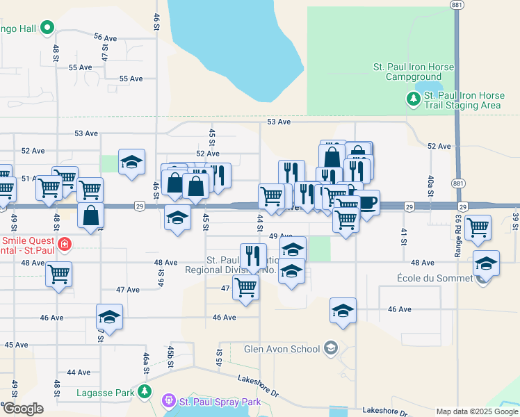 map of restaurants, bars, coffee shops, grocery stores, and more near 4905 44 Street in Saint Paul