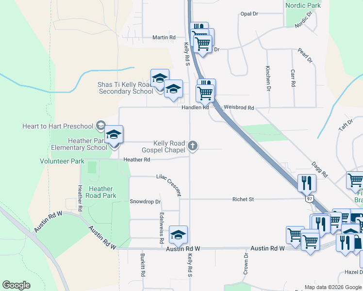 map of restaurants, bars, coffee shops, grocery stores, and more near 4529 Gray Drive in Prince George