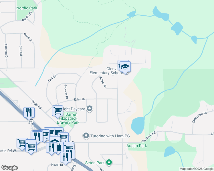 map of restaurants, bars, coffee shops, grocery stores, and more near 7030 Adam Drive in Prince George