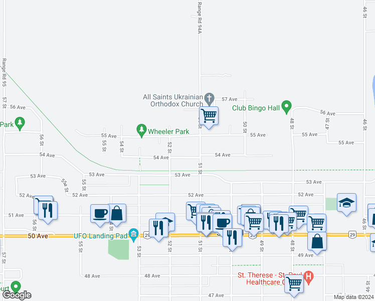map of restaurants, bars, coffee shops, grocery stores, and more near 5122 54 Avenue in Saint Paul
