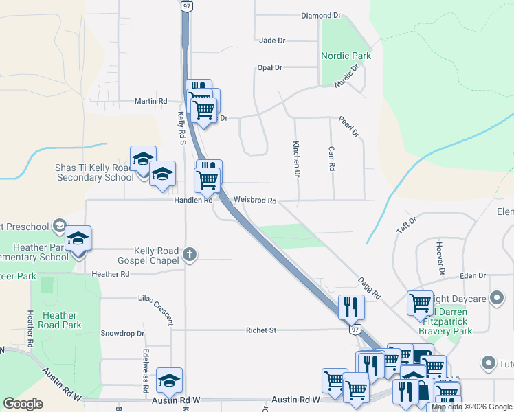 map of restaurants, bars, coffee shops, grocery stores, and more near 4183 Weisbrod Road in Prince George