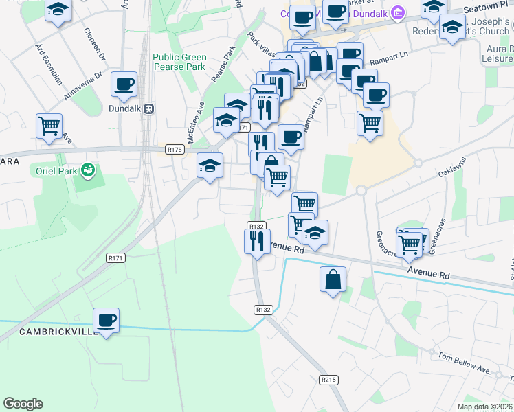 map of restaurants, bars, coffee shops, grocery stores, and more near in Dundalk