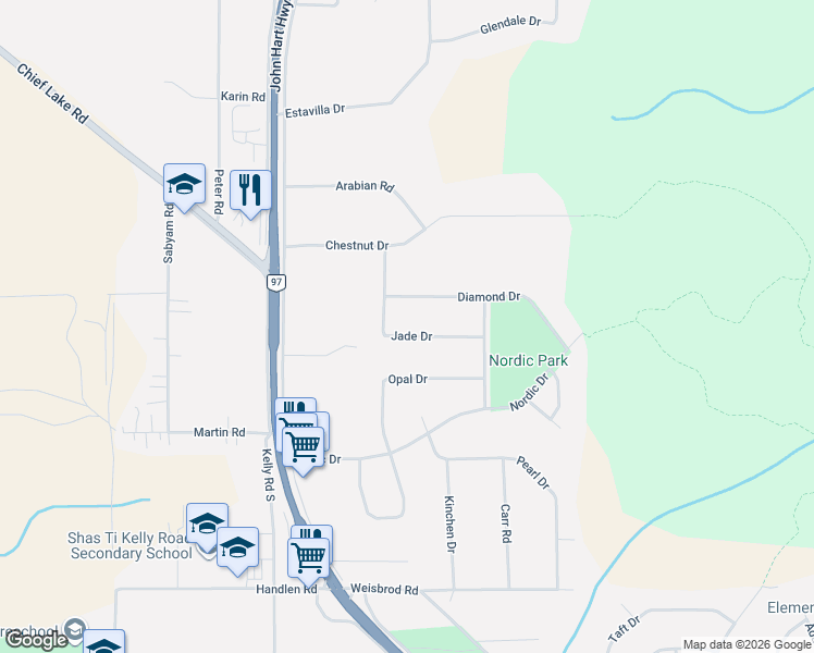 map of restaurants, bars, coffee shops, grocery stores, and more near 4036 Jade Drive in Prince George