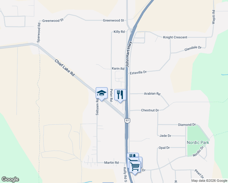 map of restaurants, bars, coffee shops, grocery stores, and more near 8230 Peter Road in Prince George