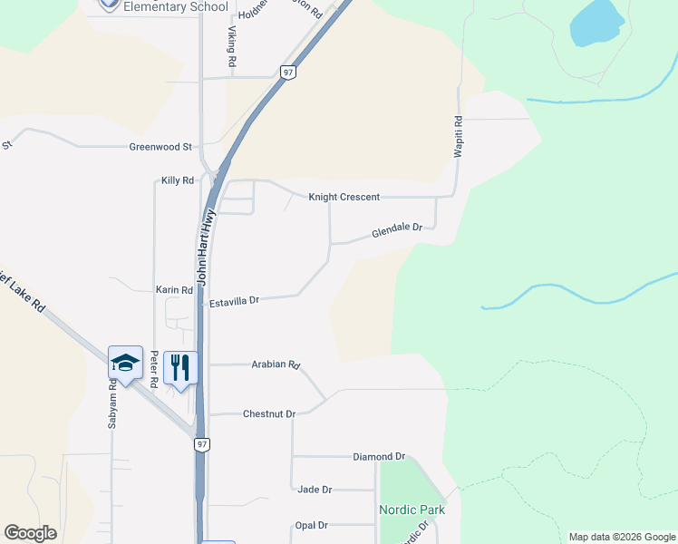 map of restaurants, bars, coffee shops, grocery stores, and more near 4061 Estavilla Drive in Prince George