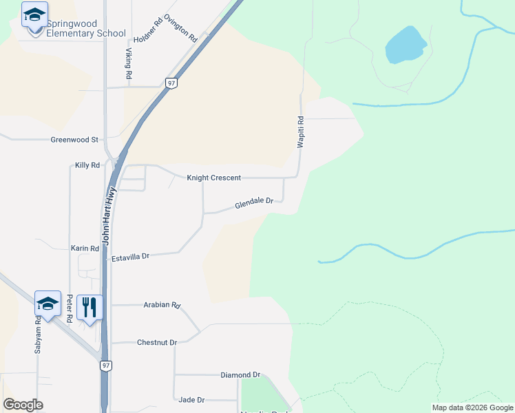 map of restaurants, bars, coffee shops, grocery stores, and more near 3865 Glendale Drive in Prince George