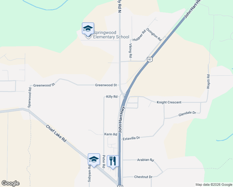 map of restaurants, bars, coffee shops, grocery stores, and more near 8769 Kelly Road North in Prince George