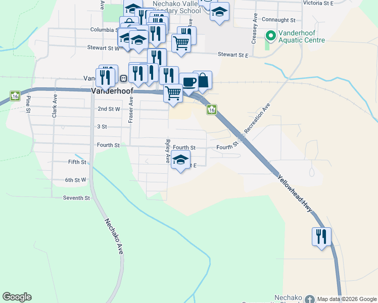 map of restaurants, bars, coffee shops, grocery stores, and more near 130 Fourth Street in Vanderhoof