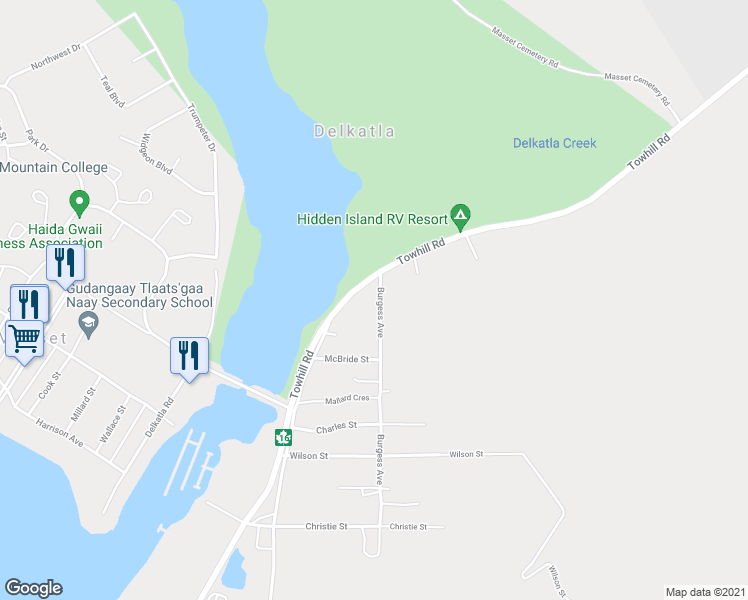 map of restaurants, bars, coffee shops, grocery stores, and more near Burgess Avenue in Masset