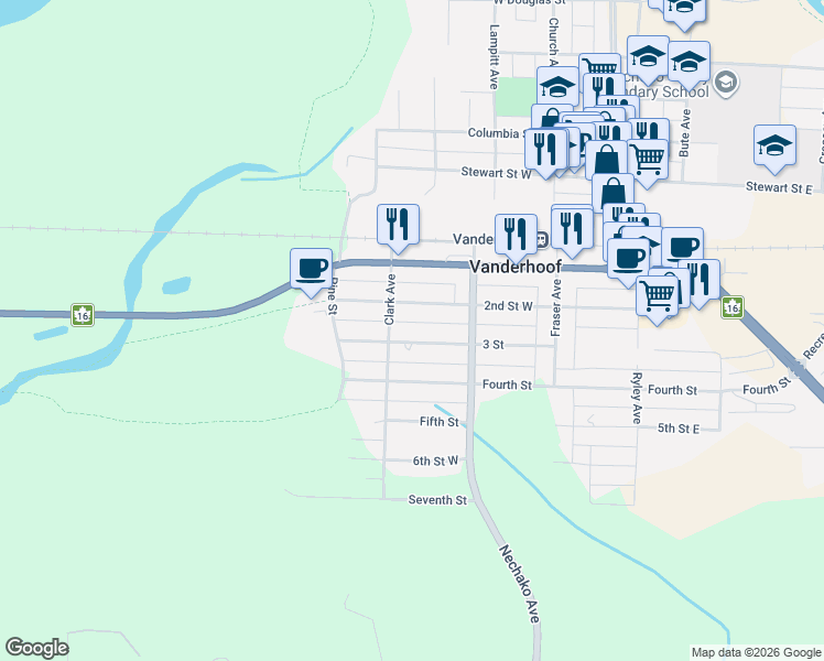 map of restaurants, bars, coffee shops, grocery stores, and more near 375 3 Street in Vanderhoof