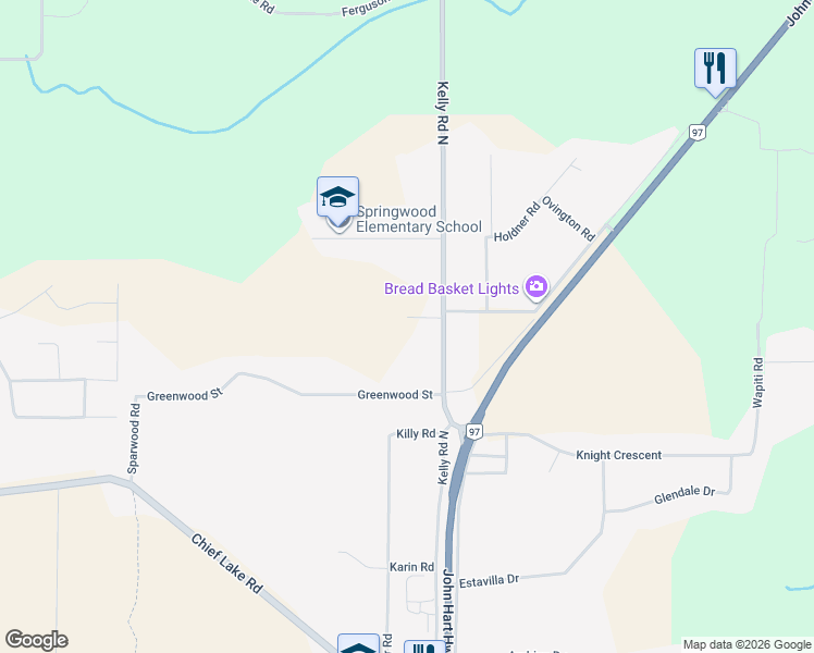 map of restaurants, bars, coffee shops, grocery stores, and more near 4555 Venta Rd in Prince George