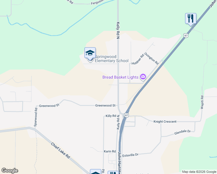map of restaurants, bars, coffee shops, grocery stores, and more near 4555 Venta Rd in Prince George