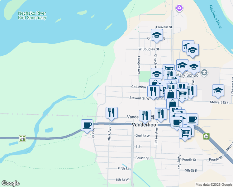 map of restaurants, bars, coffee shops, grocery stores, and more near 369 Stewart Street West in Vanderhoof