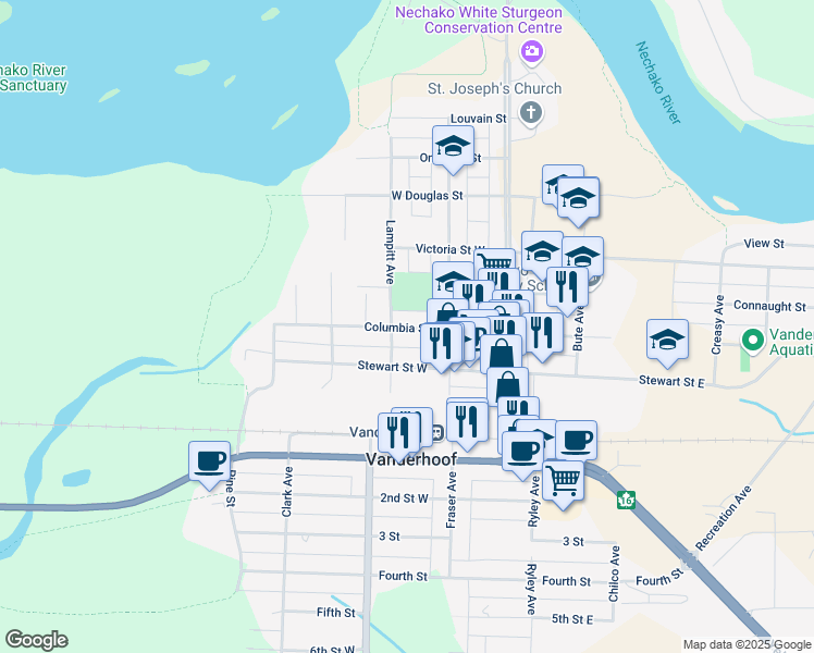 map of restaurants, bars, coffee shops, grocery stores, and more near 251 Columbia Street West in Vanderhoof