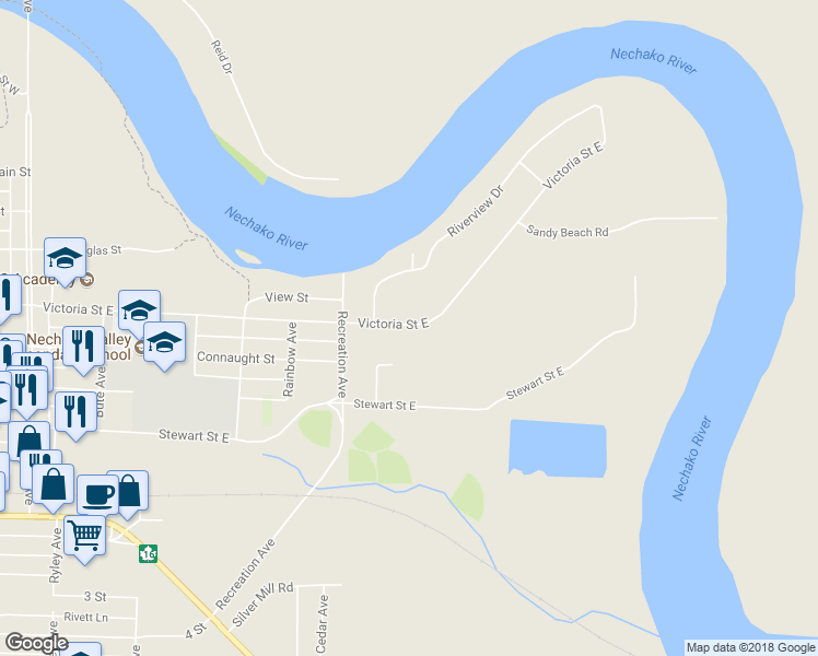 map of restaurants, bars, coffee shops, grocery stores, and more near 566 Victoria Street East in Vanderhoof