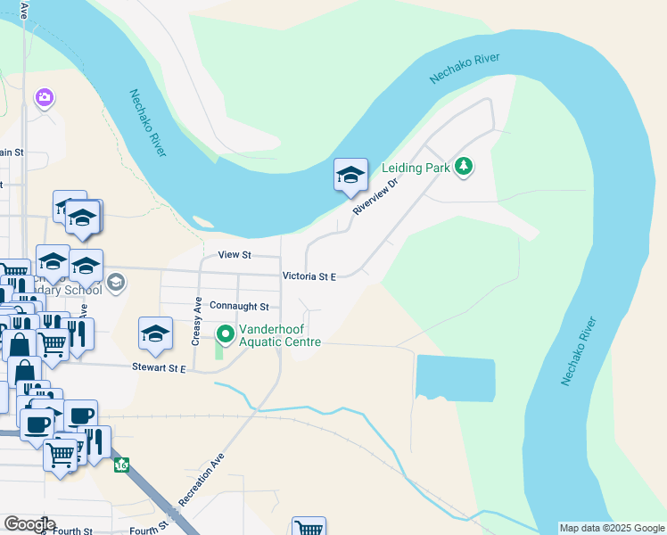 map of restaurants, bars, coffee shops, grocery stores, and more near 566 Victoria Street East in Vanderhoof