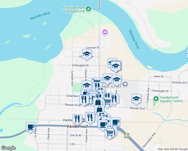 map of restaurants, bars, coffee shops, grocery stores, and more near in Vanderhoof