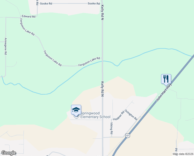 map of restaurants, bars, coffee shops, grocery stores, and more near 9611 Kelly Road North in Prince George