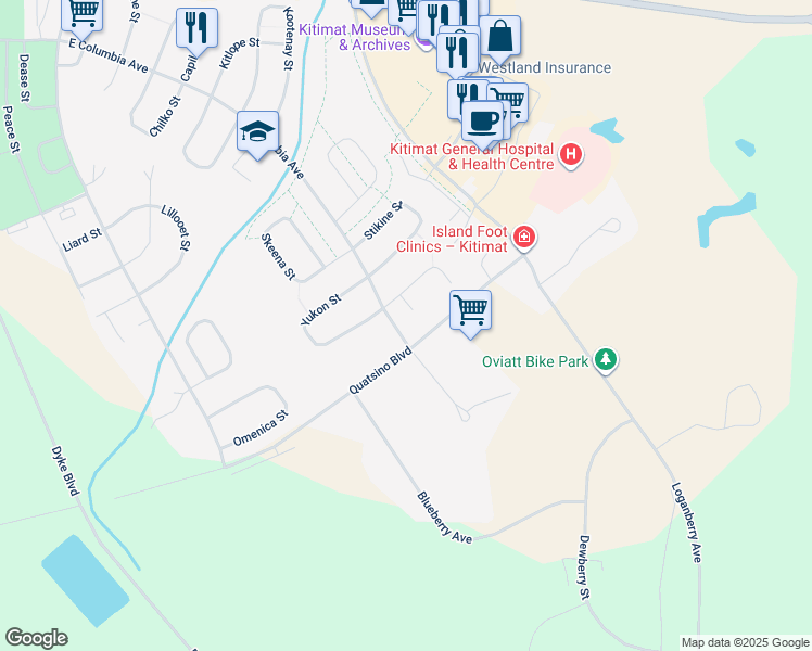 map of restaurants, bars, coffee shops, grocery stores, and more near 22 Little Wedeene Street in Kitimat