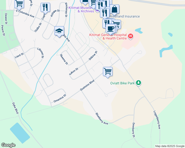 map of restaurants, bars, coffee shops, grocery stores, and more near 22 Little Wedeene Street in Kitimat