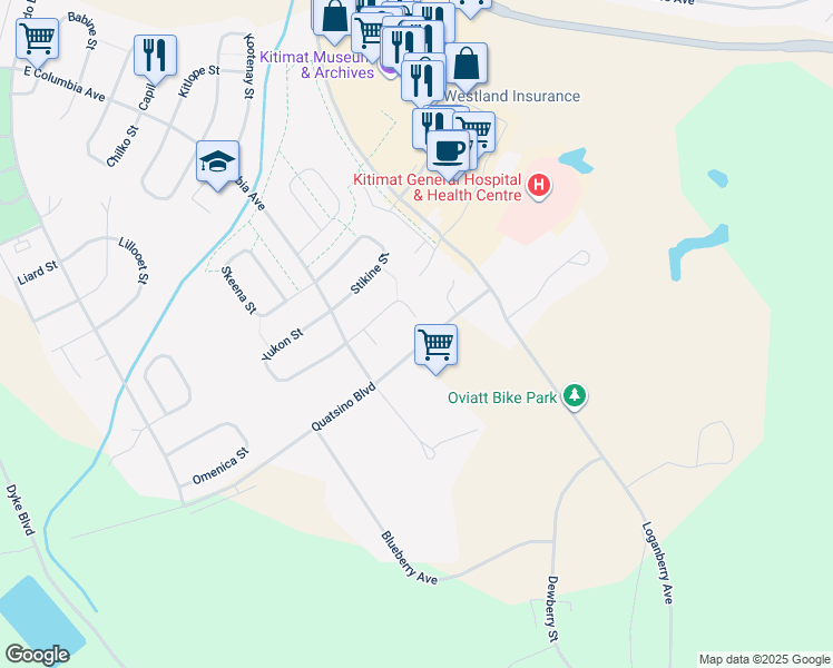 map of restaurants, bars, coffee shops, grocery stores, and more near 80 Wedeene Street in Kitimat