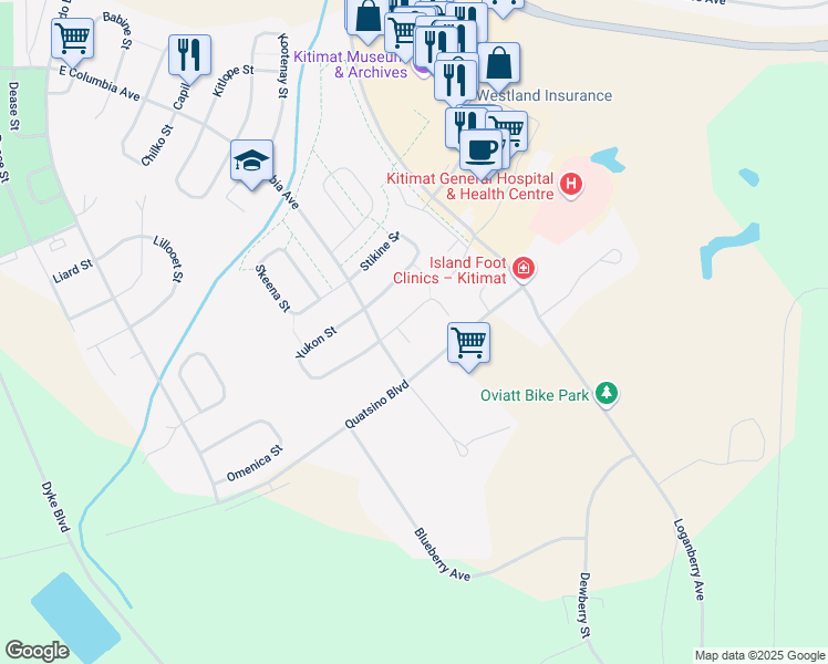 map of restaurants, bars, coffee shops, grocery stores, and more near 44 Wedeene Street in Kitimat