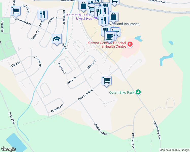 map of restaurants, bars, coffee shops, grocery stores, and more near 44 Wedeene Street in Kitimat