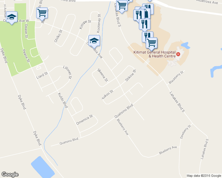 map of restaurants, bars, coffee shops, grocery stores, and more near 21 Yukon Street in Kitimat