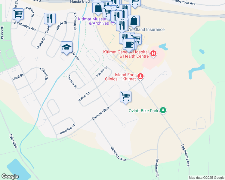 map of restaurants, bars, coffee shops, grocery stores, and more near 44 Wedeene Street in Kitimat