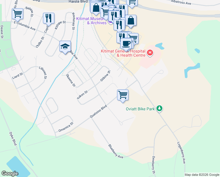 map of restaurants, bars, coffee shops, grocery stores, and more near 46 Wedeene Street in Kitimat