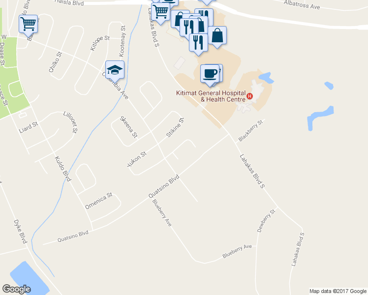 map of restaurants, bars, coffee shops, grocery stores, and more near 37 Wedeene Street in Kitimat