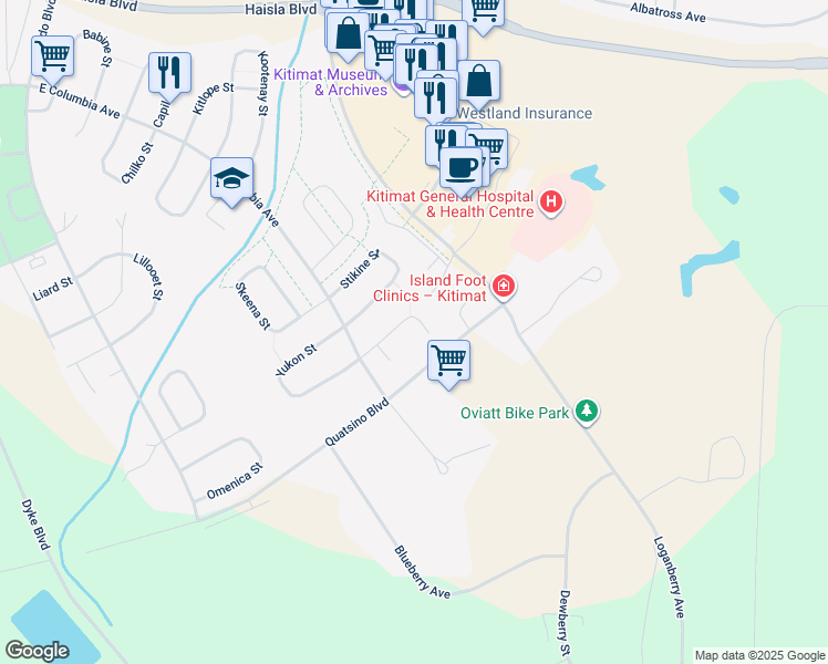 map of restaurants, bars, coffee shops, grocery stores, and more near 44 Wedeene Street in Kitimat