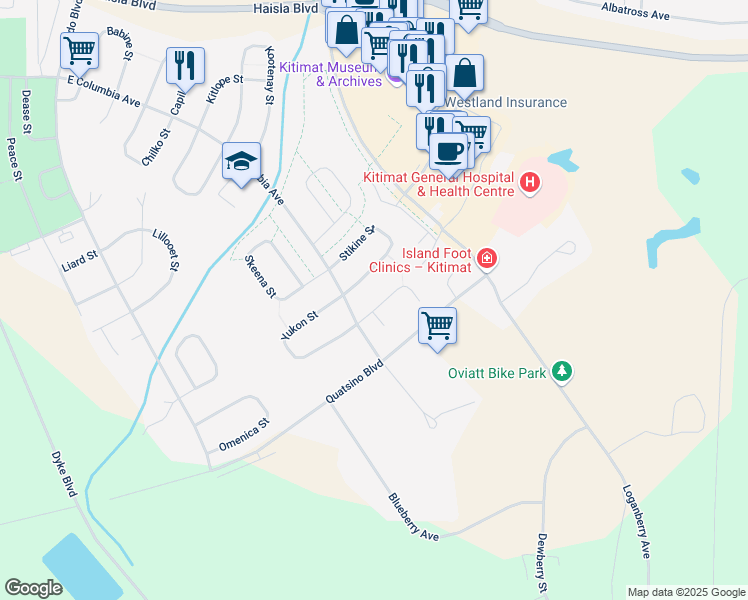 map of restaurants, bars, coffee shops, grocery stores, and more near 110 Stikine Street in Kitimat