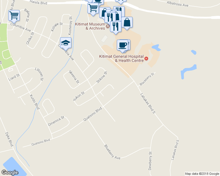 map of restaurants, bars, coffee shops, grocery stores, and more near 47 Wedeene Street in Kitimat