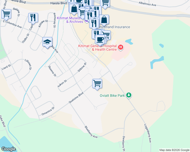 map of restaurants, bars, coffee shops, grocery stores, and more near 80 Wedeene Street in Kitimat