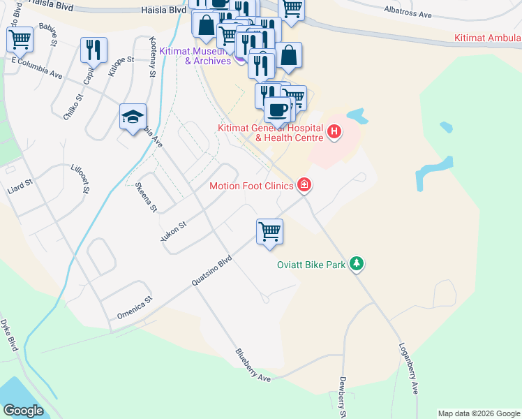 map of restaurants, bars, coffee shops, grocery stores, and more near 82 Wedeene Street in Kitimat