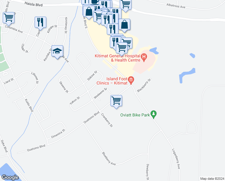 map of restaurants, bars, coffee shops, grocery stores, and more near 80 Wedeene Street in Kitimat