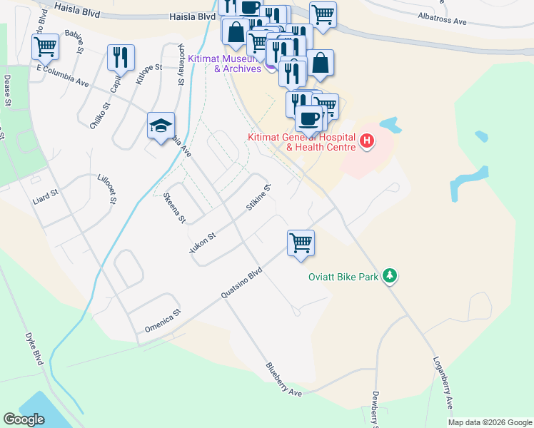 map of restaurants, bars, coffee shops, grocery stores, and more near 46 Wedeene Street in Kitimat