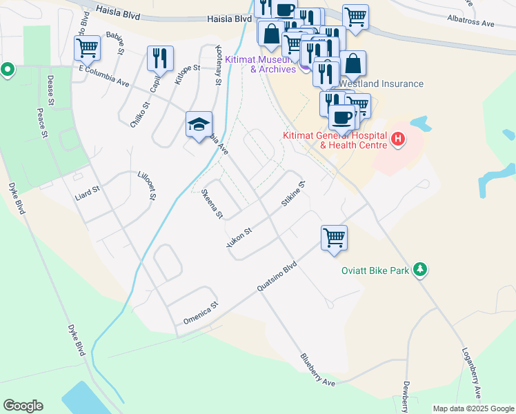 map of restaurants, bars, coffee shops, grocery stores, and more near 6 Skeena Street in Kitimat