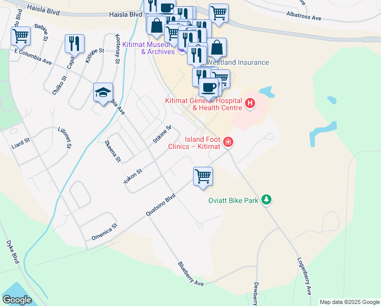 map of restaurants, bars, coffee shops, grocery stores, and more near 80 Wedeene Street in Kitimat