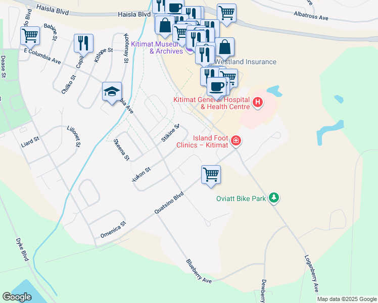 map of restaurants, bars, coffee shops, grocery stores, and more near 44 Wedeene Street in Kitimat