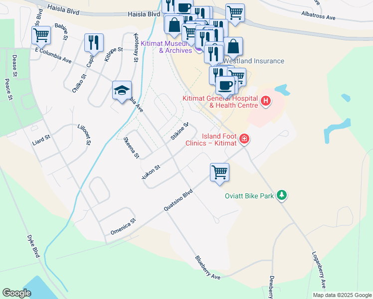 map of restaurants, bars, coffee shops, grocery stores, and more near 110 Stikine Street in Kitimat