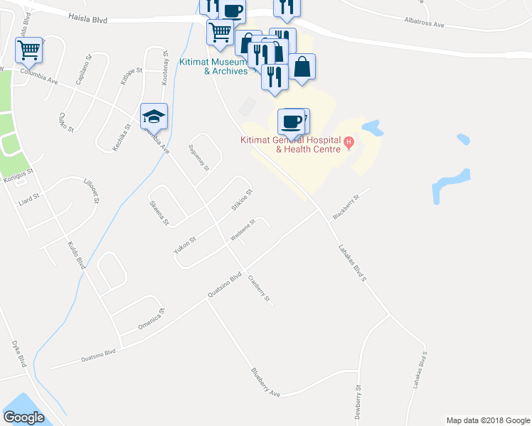 map of restaurants, bars, coffee shops, grocery stores, and more near 66 Wedeene Street in Kitimat