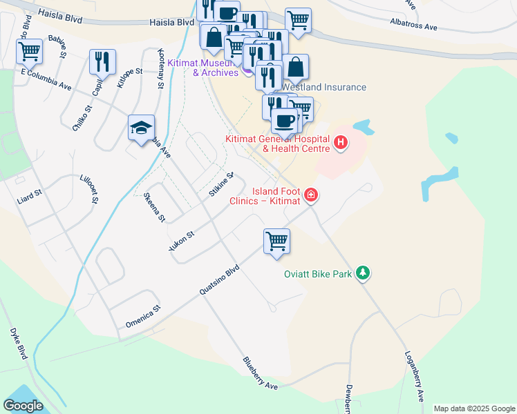 map of restaurants, bars, coffee shops, grocery stores, and more near 80 Wedeene Street in Kitimat