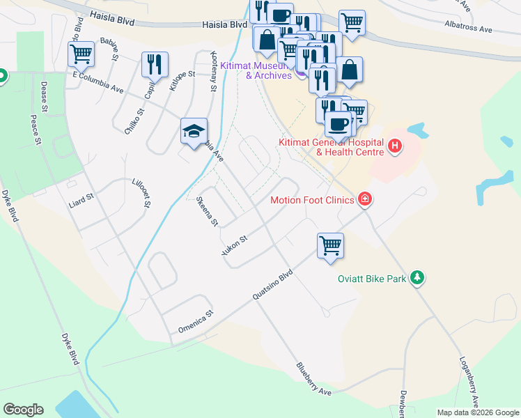 map of restaurants, bars, coffee shops, grocery stores, and more near 5 Stikine Street in Kitimat