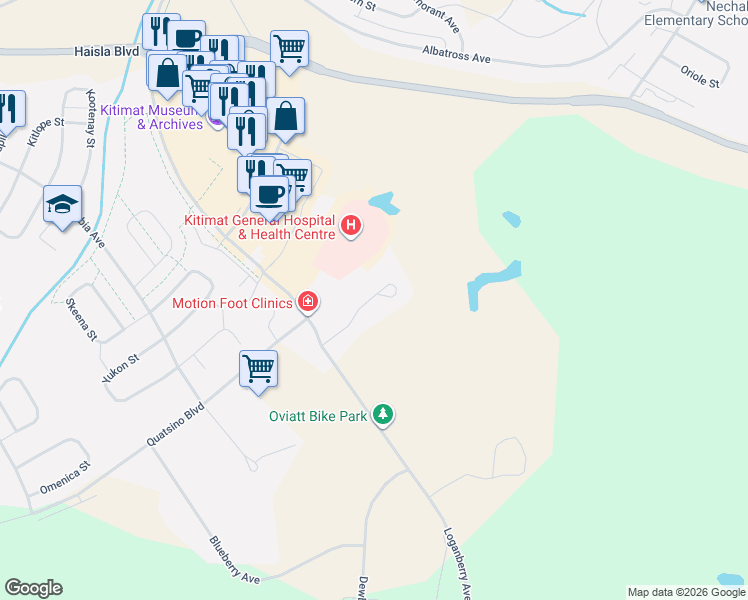 map of restaurants, bars, coffee shops, grocery stores, and more near 93 Blackberry Street in Kitimat