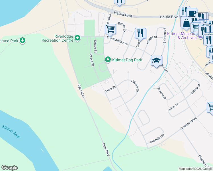 map of restaurants, bars, coffee shops, grocery stores, and more near 185 Konigus Street in Kitimat