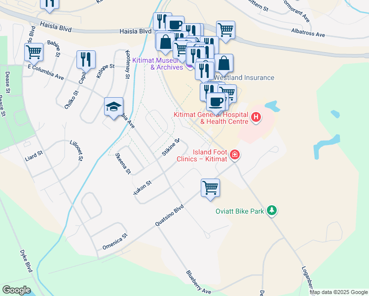 map of restaurants, bars, coffee shops, grocery stores, and more near 59 Stikine Street in Kitimat