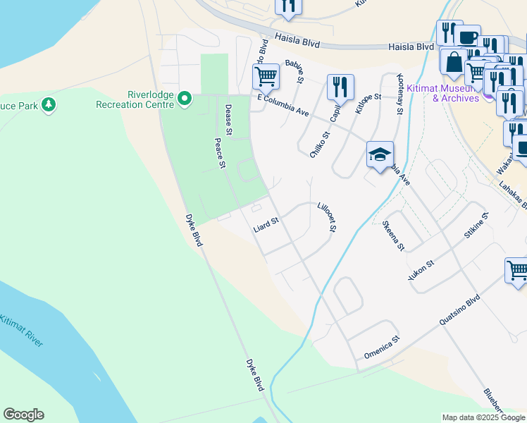 map of restaurants, bars, coffee shops, grocery stores, and more near 185 Konigus Street in Kitimat