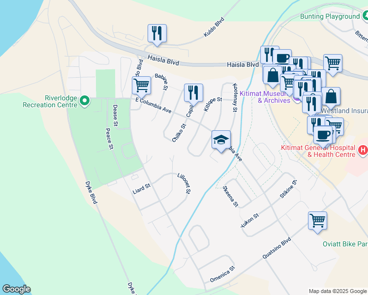 map of restaurants, bars, coffee shops, grocery stores, and more near 28 Kechika Street in Kitimat